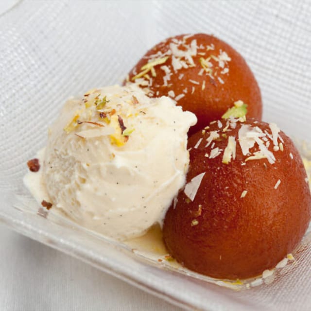 Gulab Jamun with Vanilla Ice Cream.